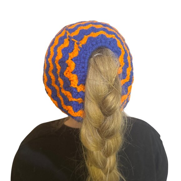 Crochet Blue & Orange Striped Ponytail Beanie Hat Handmade Knit Winter Cap - Picture 4 of 5